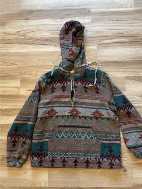 Women’s Hooded Aztec-Print Pullover Sweater - Brown & Teal